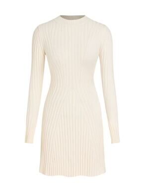 Cider Ribbed Round Neck Ruffle Stretch Cream Mini Dress Women's Size 10